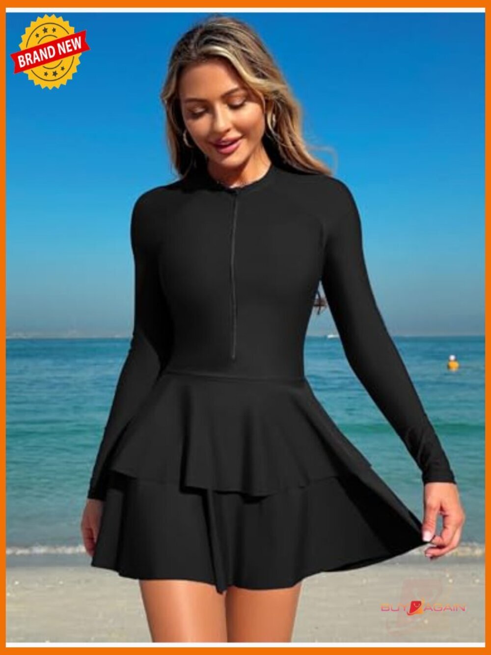 Women's One Piece Rash Guard Long Sleeve Modest Swimsuit with Skirt - Picture 5 of 7